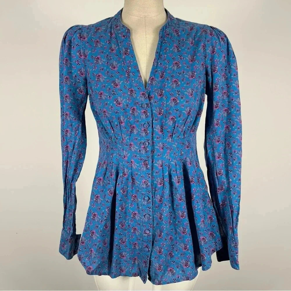 Pins & Needles Blue Floral Peplum Top - Small Boho Cottagecore - Picture 3 of 13